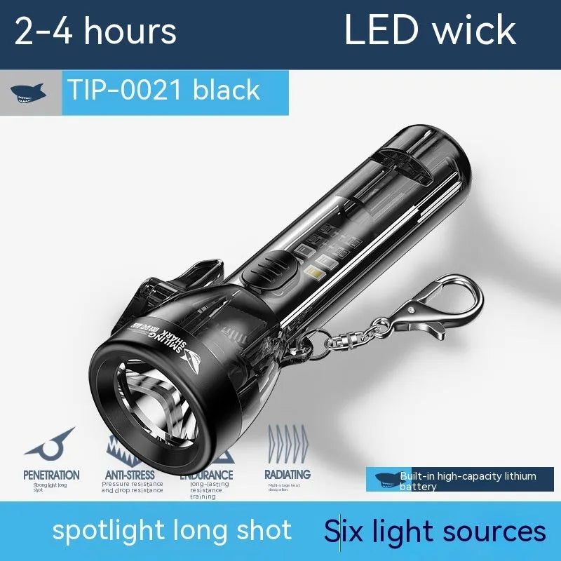 Black portable outdoor flashlight with USB charging port and compact plastic housing