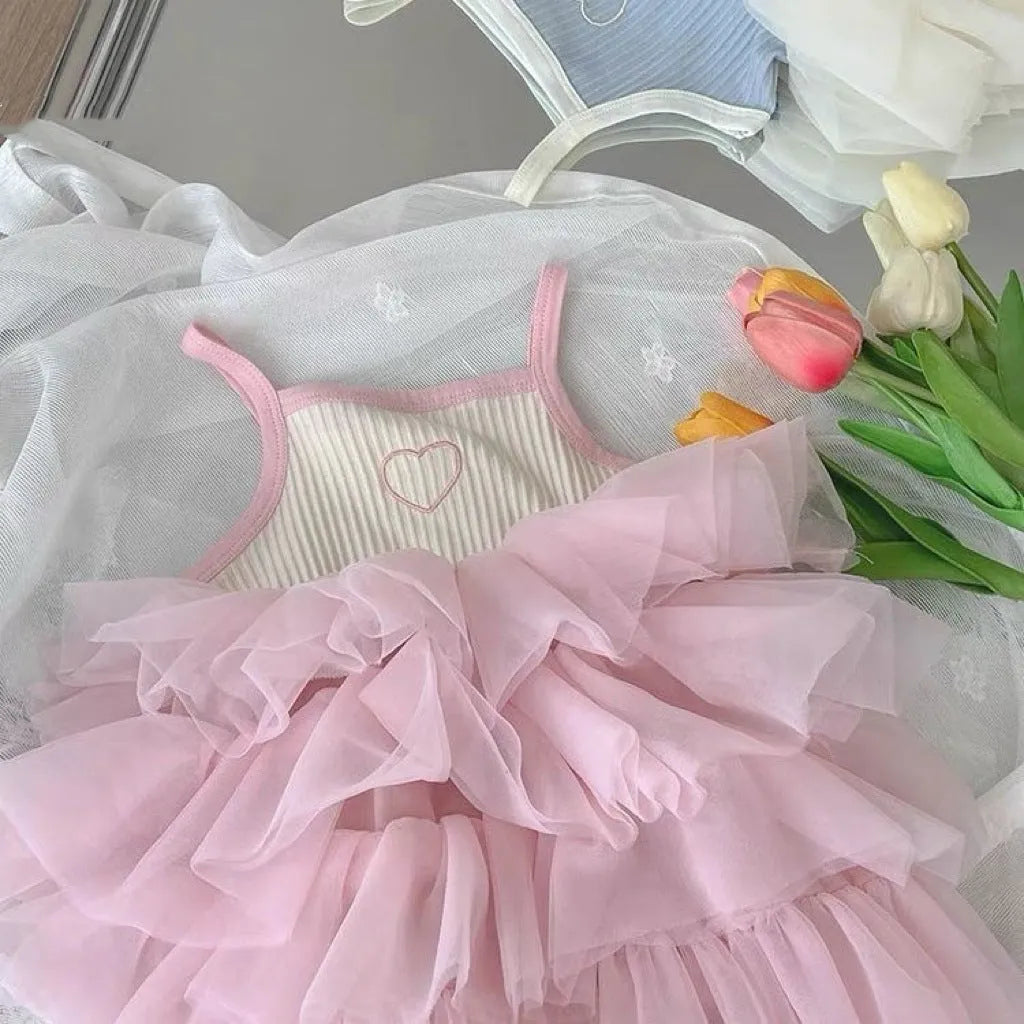 Girl's cotton baby cake dress in light blue love cake print suspender style