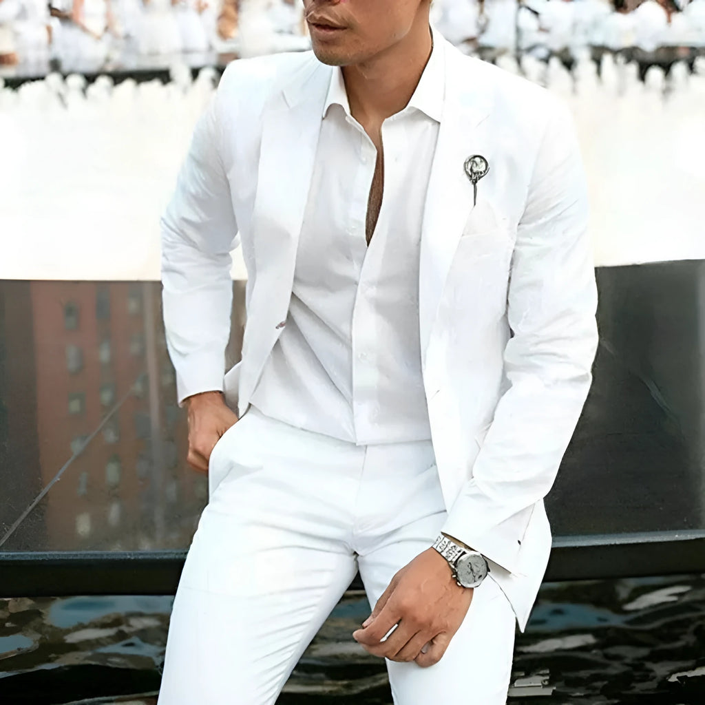 White men's slim fit two-piece wedding suit with jacket and trousers for formal ceremonies