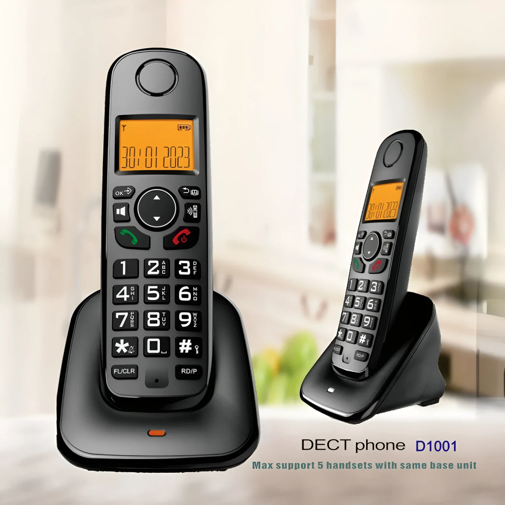 Digital wireless DECT phone with handset and base for business or home use, supporting table and wall mounting