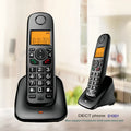 Digital wireless DECT phone with handset and base for business or home use, supporting table and wall mounting