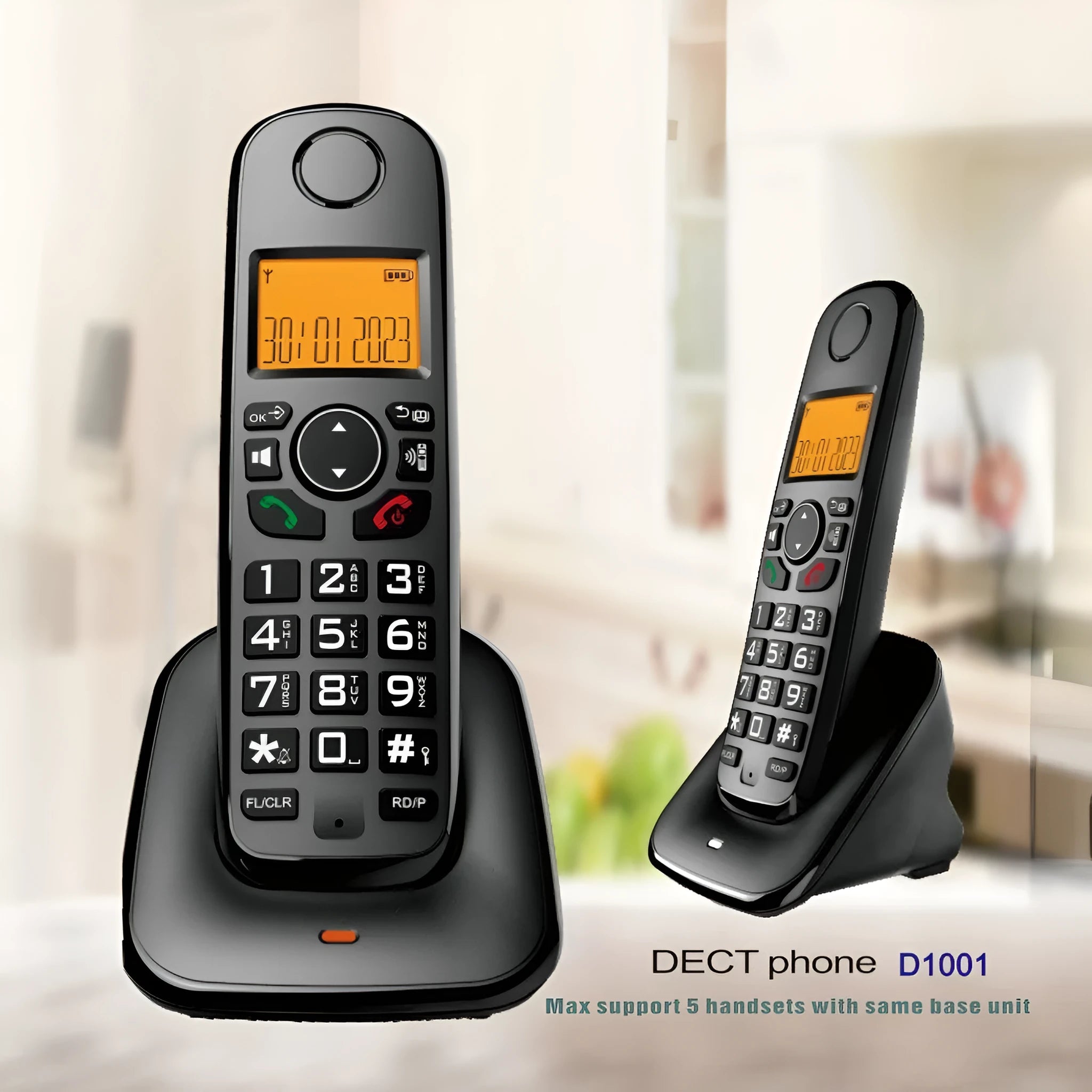 Digital wireless DECT phone with handset and base for business or home use, supporting table and wall mounting