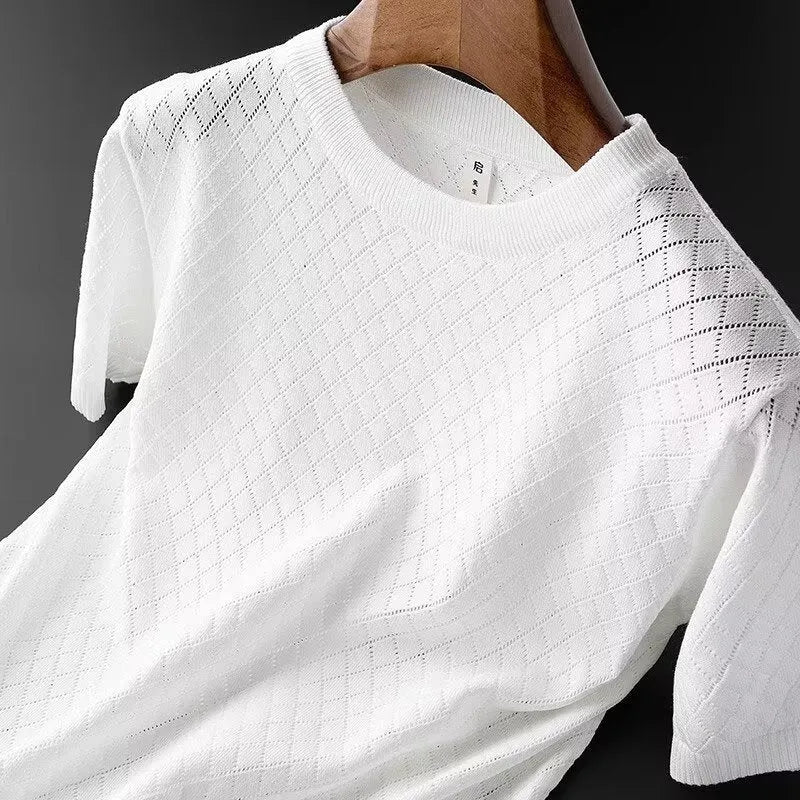 Men's black and white ice silk short sleeve t-shirt showing V-neck and round neck styles.