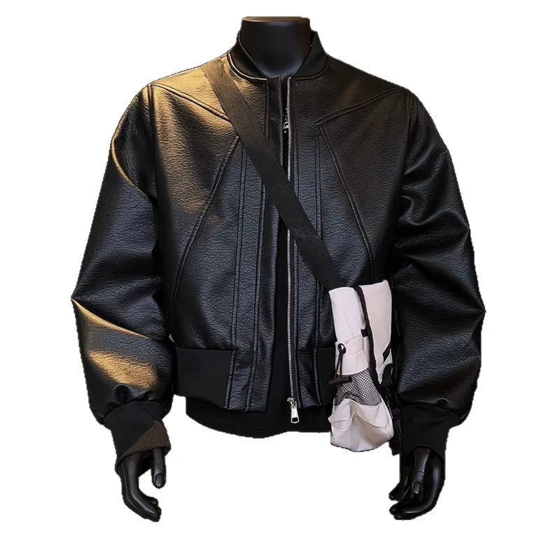 Men's black PU leather jacket with litchi grain texture, shown in a tight-fitting, extended length design.