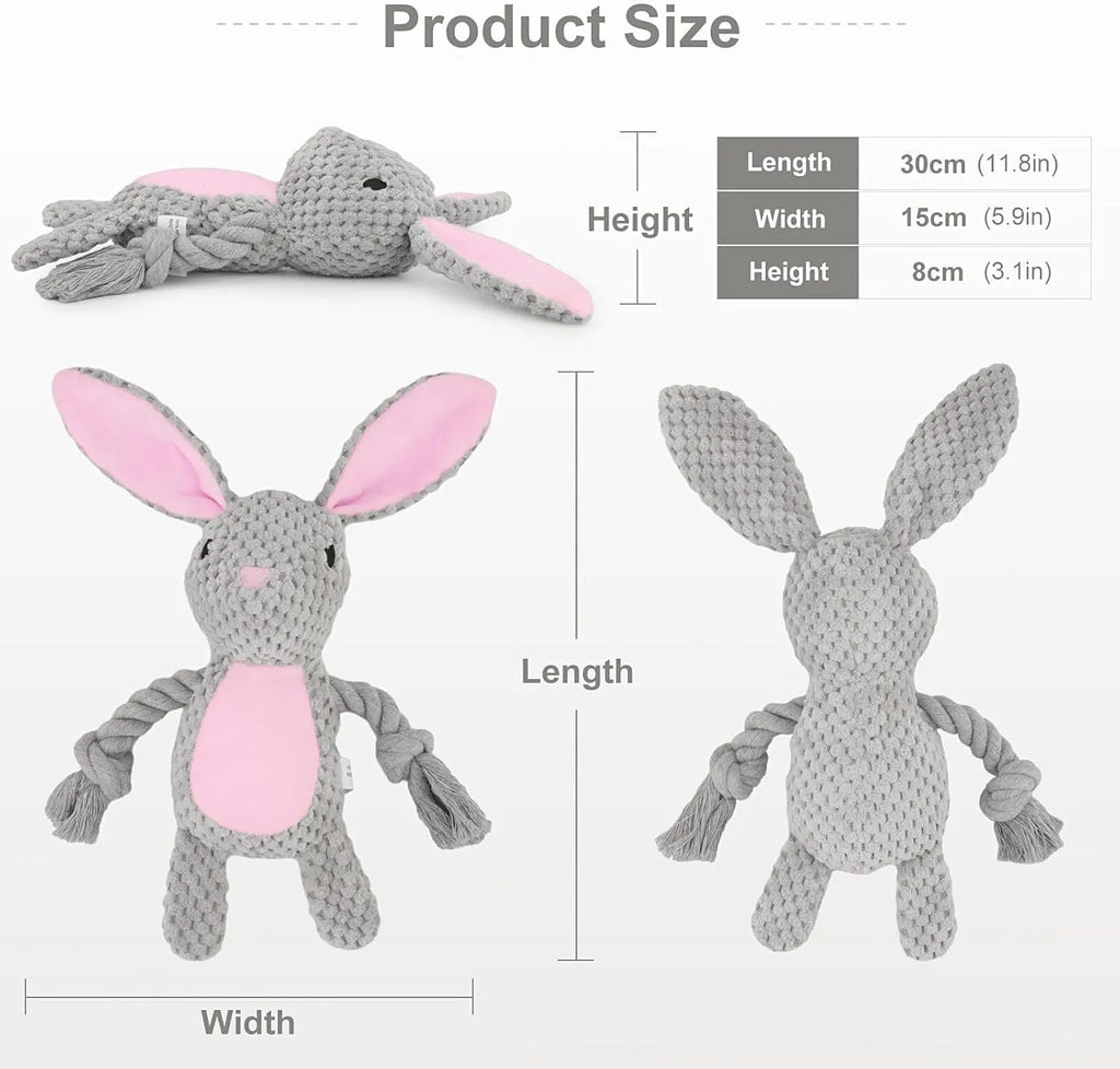 Animal-shaped plush dog toy with integrated cotton rope, shown in elephant, fox, monkey, pig, and rabbit designs.
