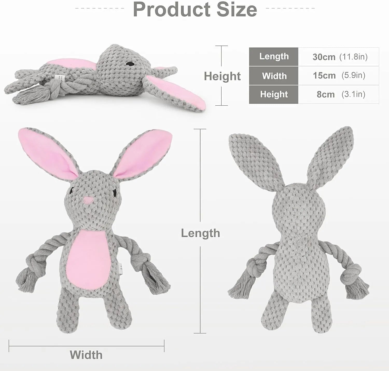 Animal-shaped plush dog toy with integrated cotton rope, shown in elephant, fox, monkey, pig, and rabbit designs.