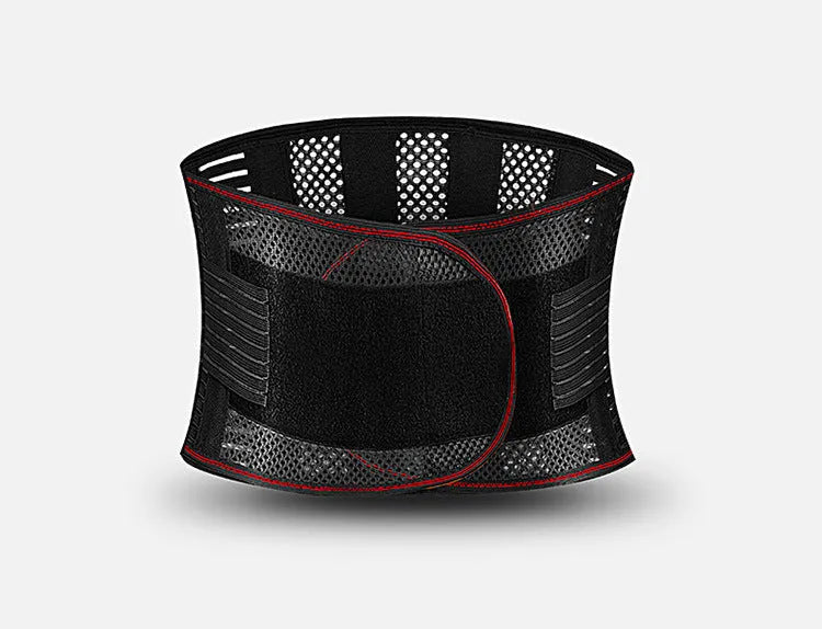 Black sports waist support belt with internal steel plate for lumbar protection, shown on a plain background.