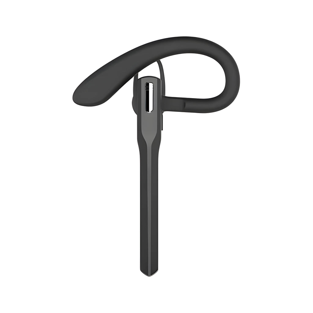 Wireless sports bluetooth headset in black with hanging ear design and silicone ear hooks