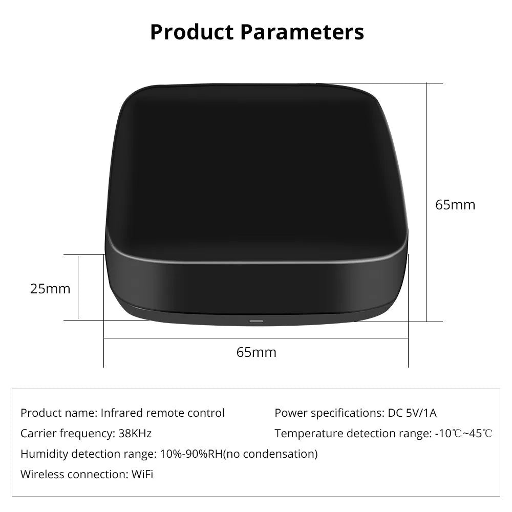 Black universal infrared remote control with voice command capability and environmental sensors