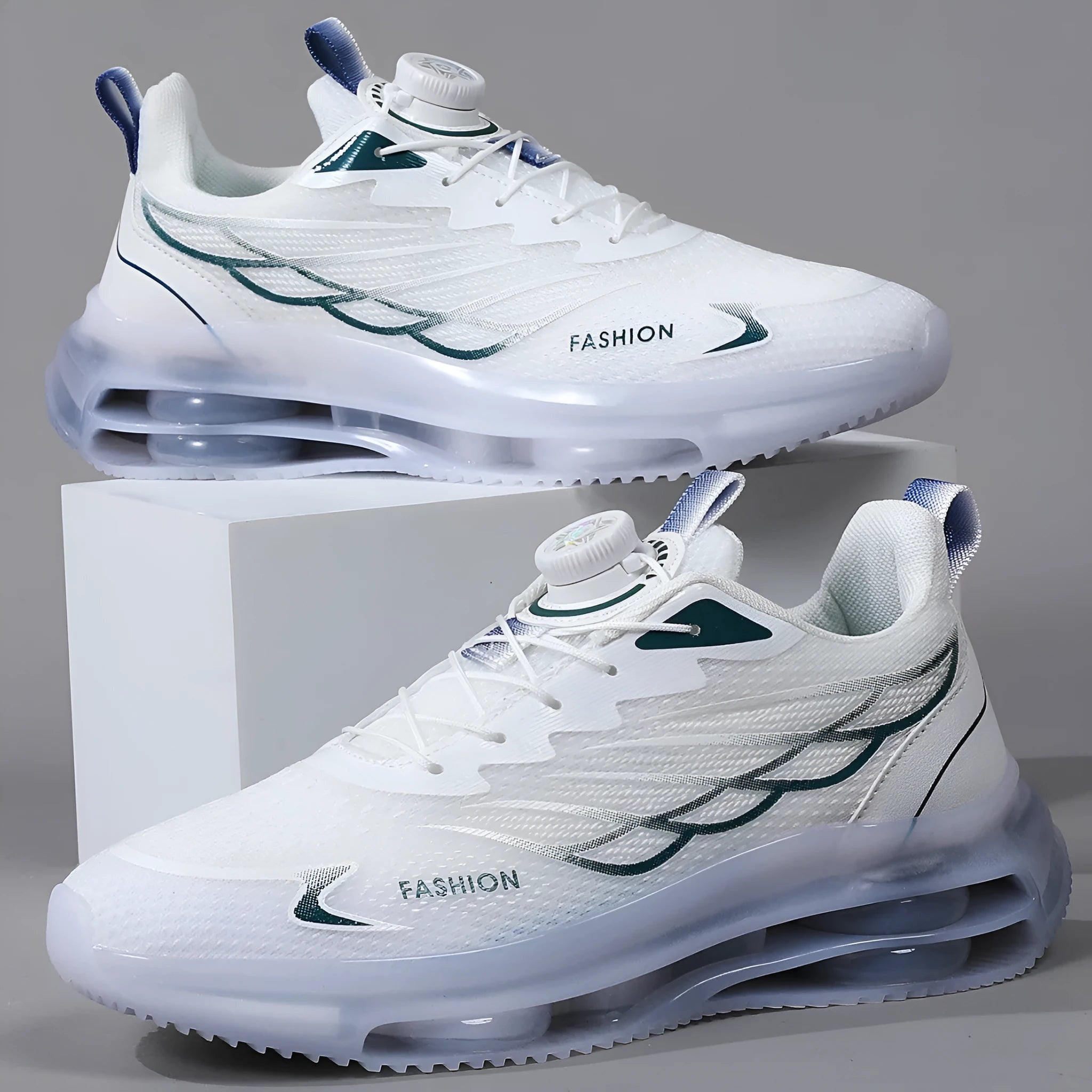 White Korean style mesh casual sports shoes with rotating button lace-up and round toe design