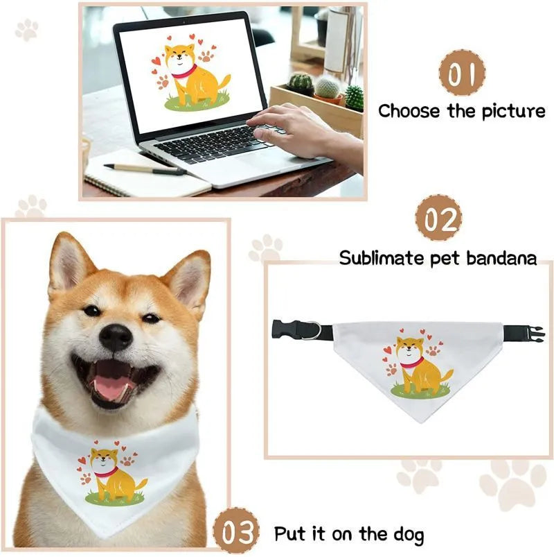 White blank polyester dog scarf for thermal transfer customisation showing four size options