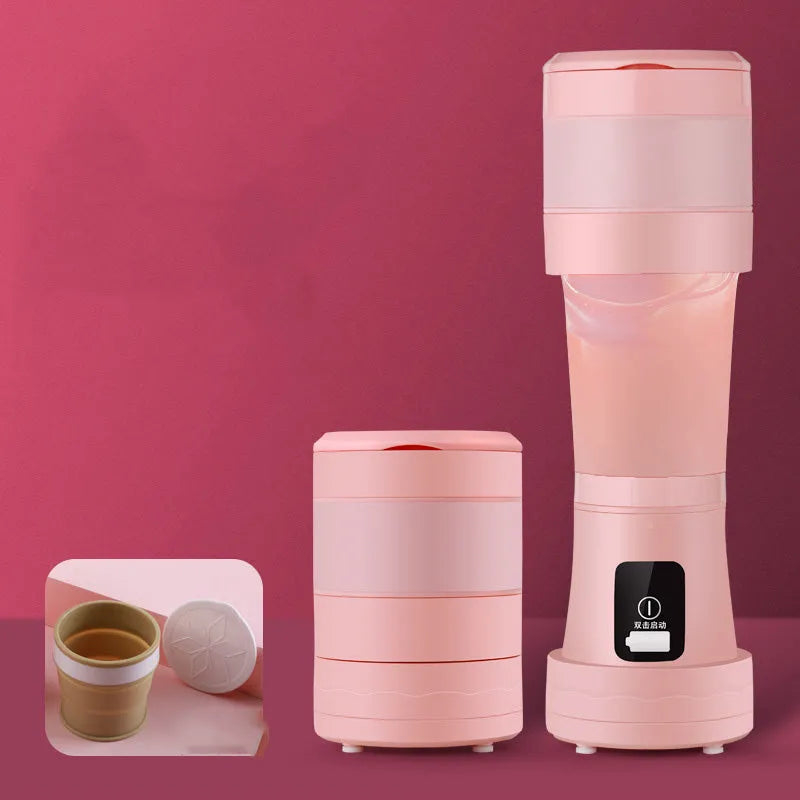 Blue portable USB blender with 450ml cup shown folded and extended next to fruits