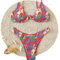 Red floral pattern women's underwire triangle bikini swimsuit with briefs, shown on a model.