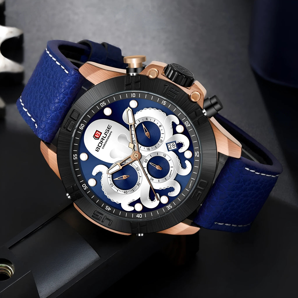 Octopus waterproof men's watch with luminous display and 13mm thickness in black or blue colour options