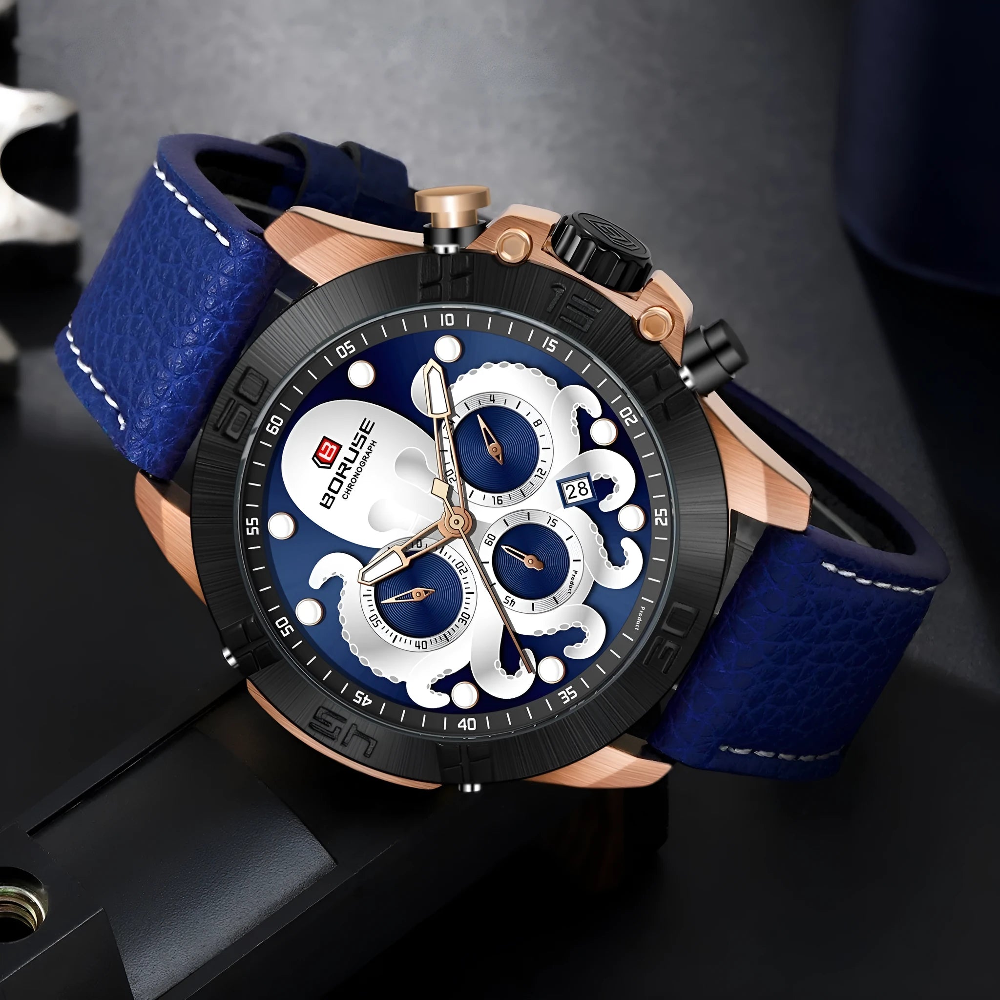 Octopus waterproof men's watch with luminous display and 13mm thickness in black or blue colour options