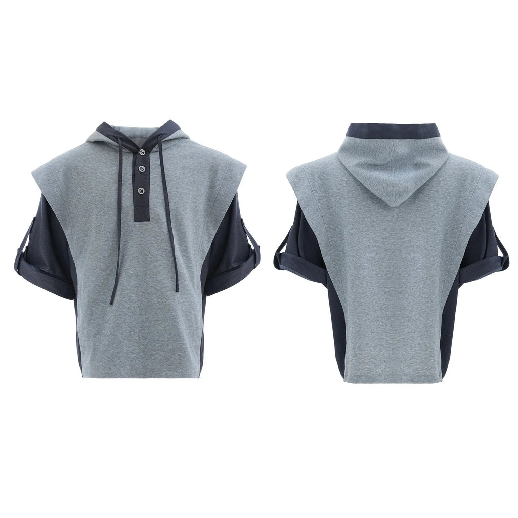 Men's grey hooded sports jacket and matching trousers with three-dimensional stitching detail.