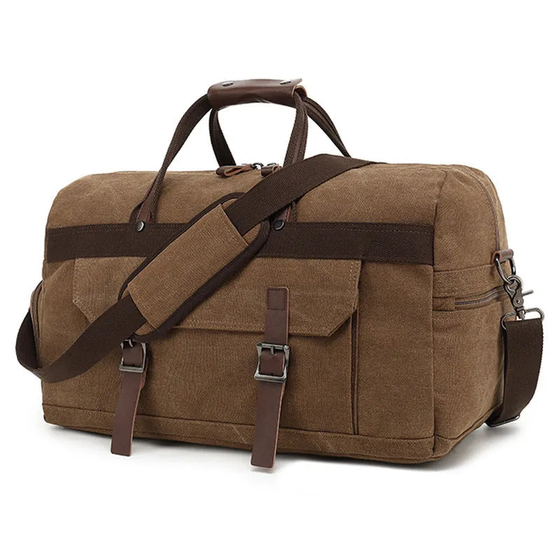 Large canvas crossbody travel bag for men in European and American retro style with sewing line detailing