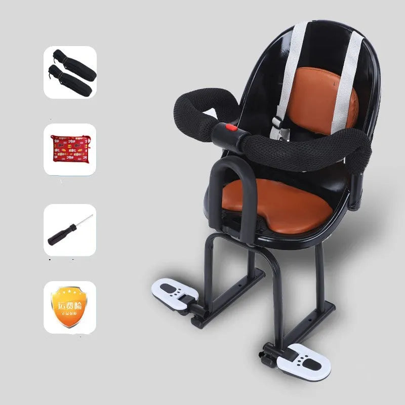 Front-mounted child safety seat for electric scooter in black, red, or white.