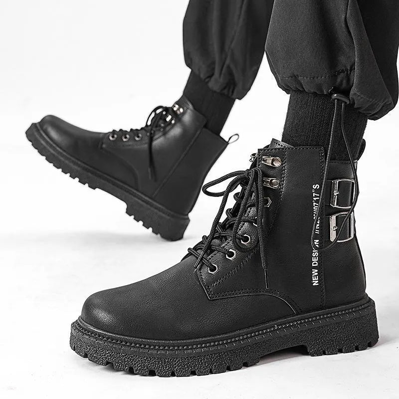 High-top winter hiking boots in black with thick bottom, PU upper, leather stitching, round toe, and front lace-up closure