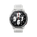 Dual-band GPS smart watch with touchscreen in black, white, or blue colour options on a silicone strap.