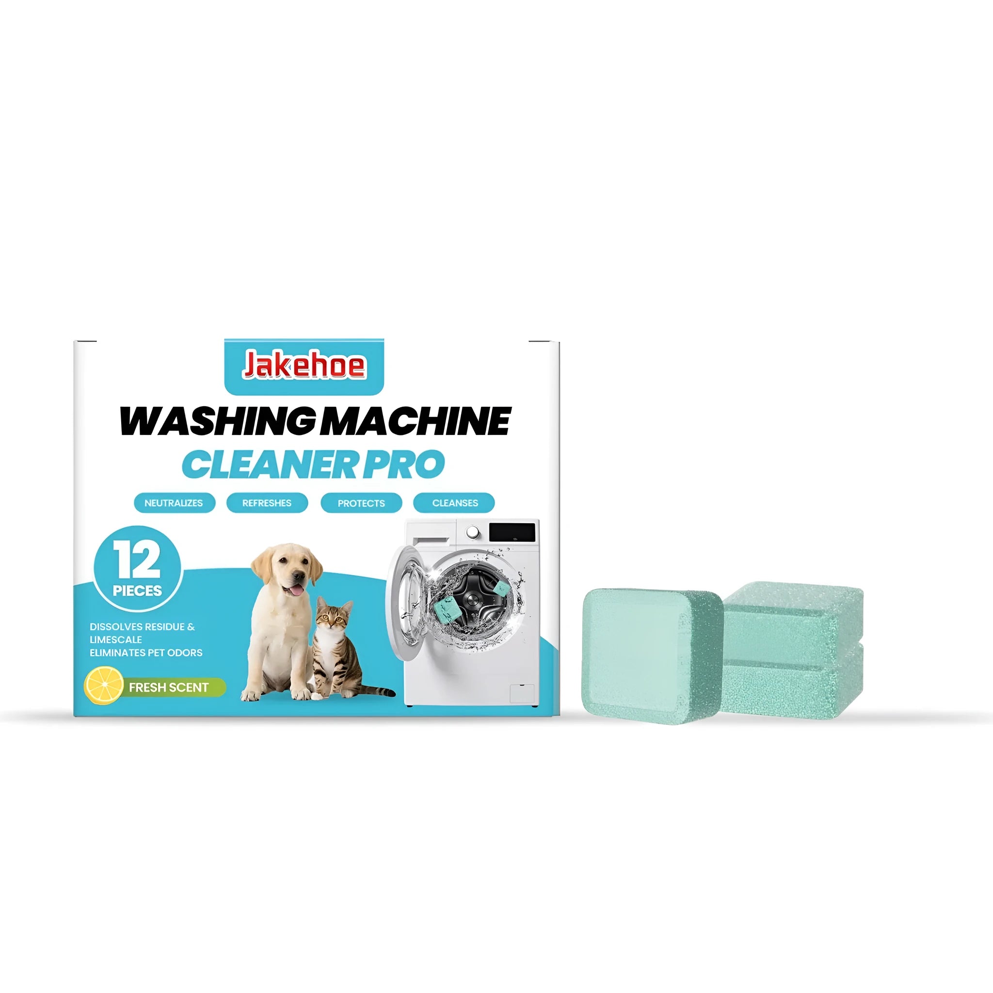 Pack of 12 white washing machine cleaning sheets with descaling formula