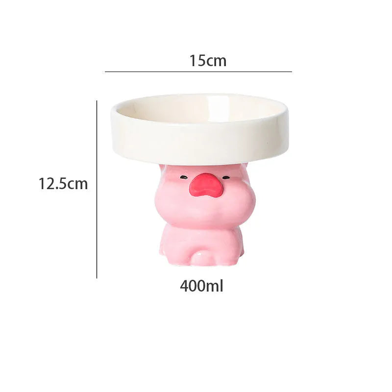 Ceramic raised cat bowl with animal design, showing elevated height and wide feeding opening