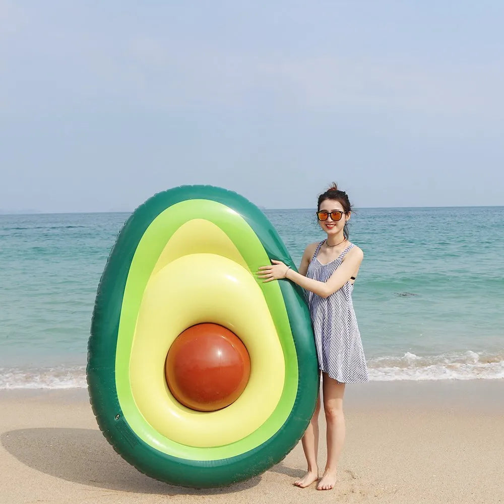 Large green inflatable avocado-shaped pool float measuring 169cm long