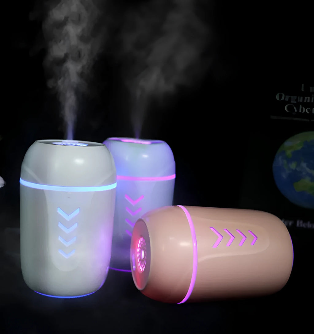 Portable column-shaped car humidifier with aromatherapy function in blue, white, or pink colours