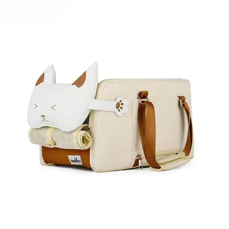 Beige hard-sided pet flight case with one shoulder strap, dimensions 43x25x22.5cm.