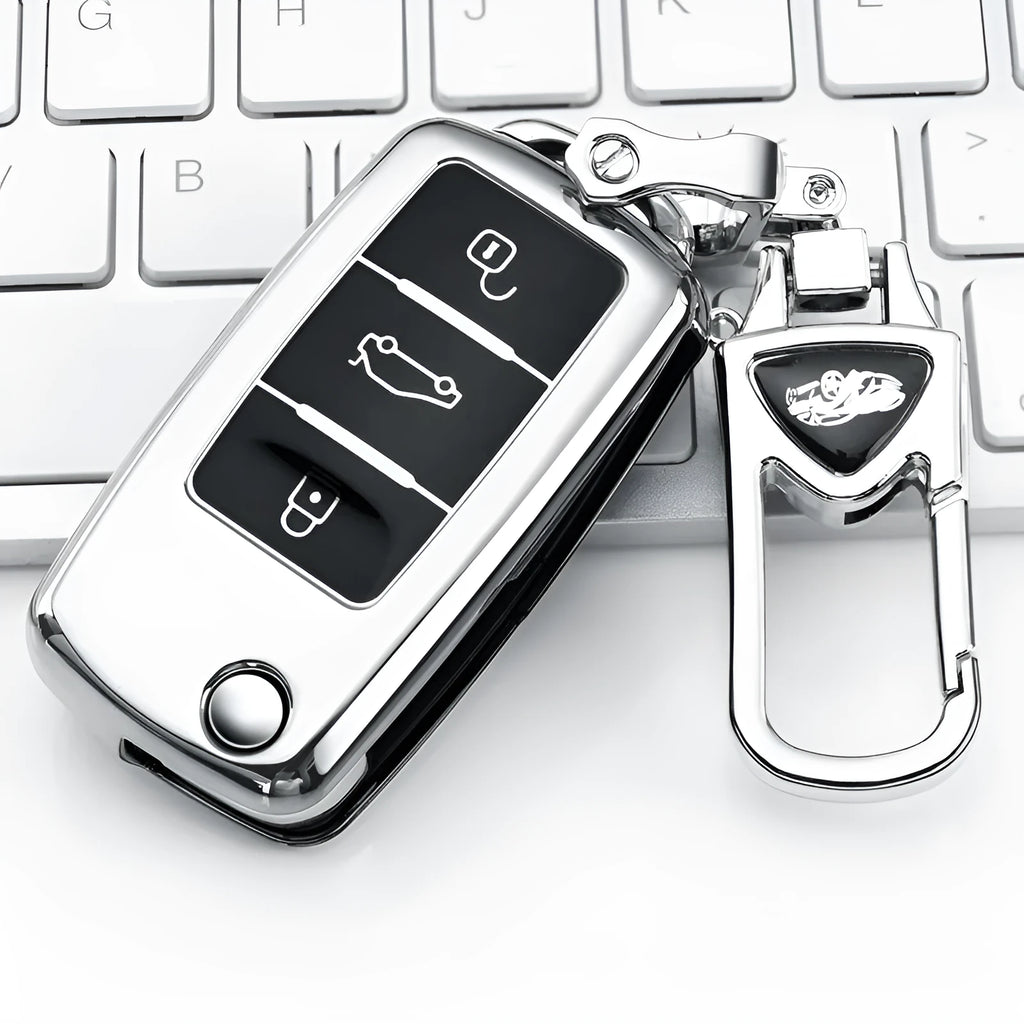 VW Model A folding key case in TPU material shown in blue, pink, red, and silver colours.