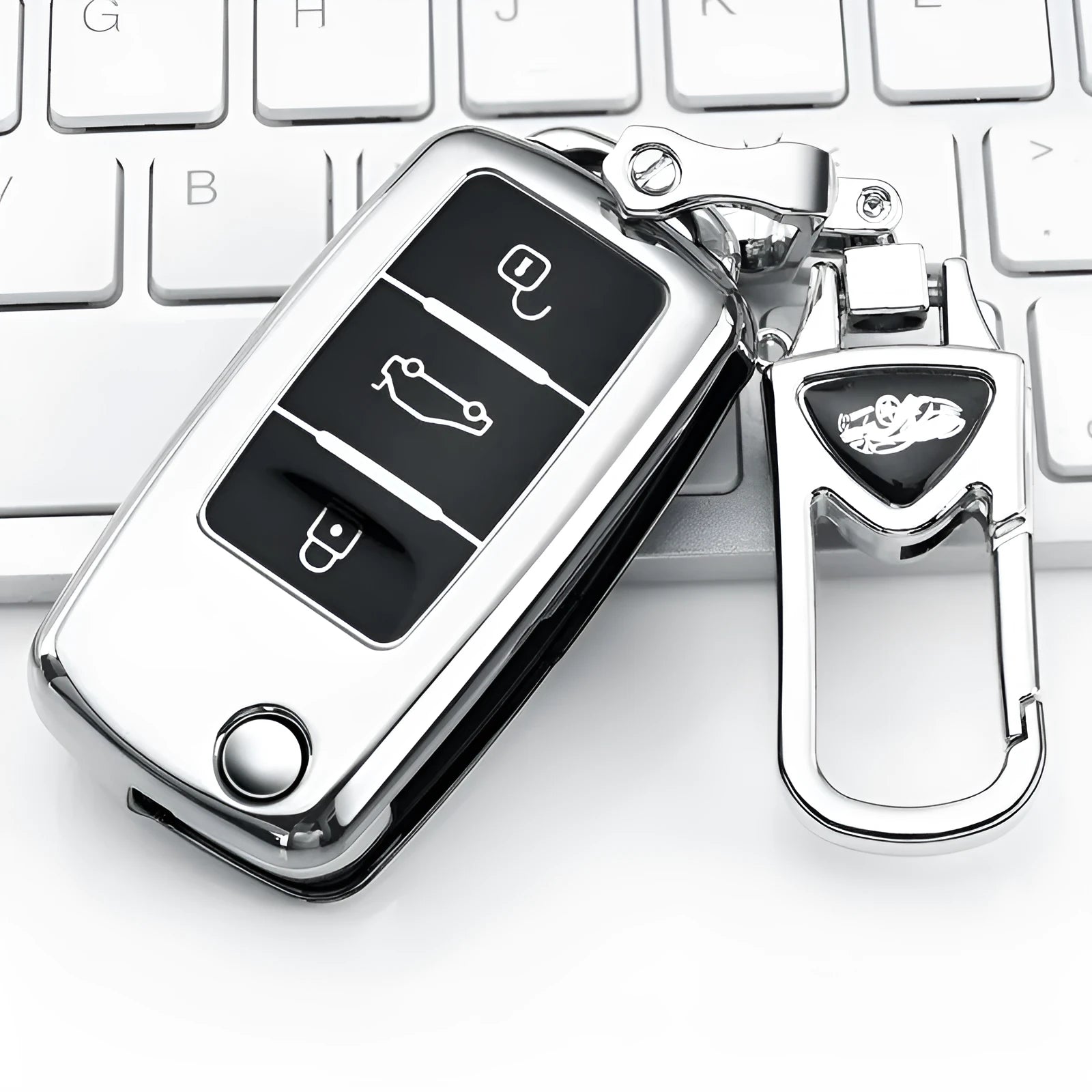 VW Model A folding key case in TPU material shown in blue, pink, red, and silver colours.