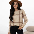 Women's loose fit plaid crew neck sweater in colour-block striped design