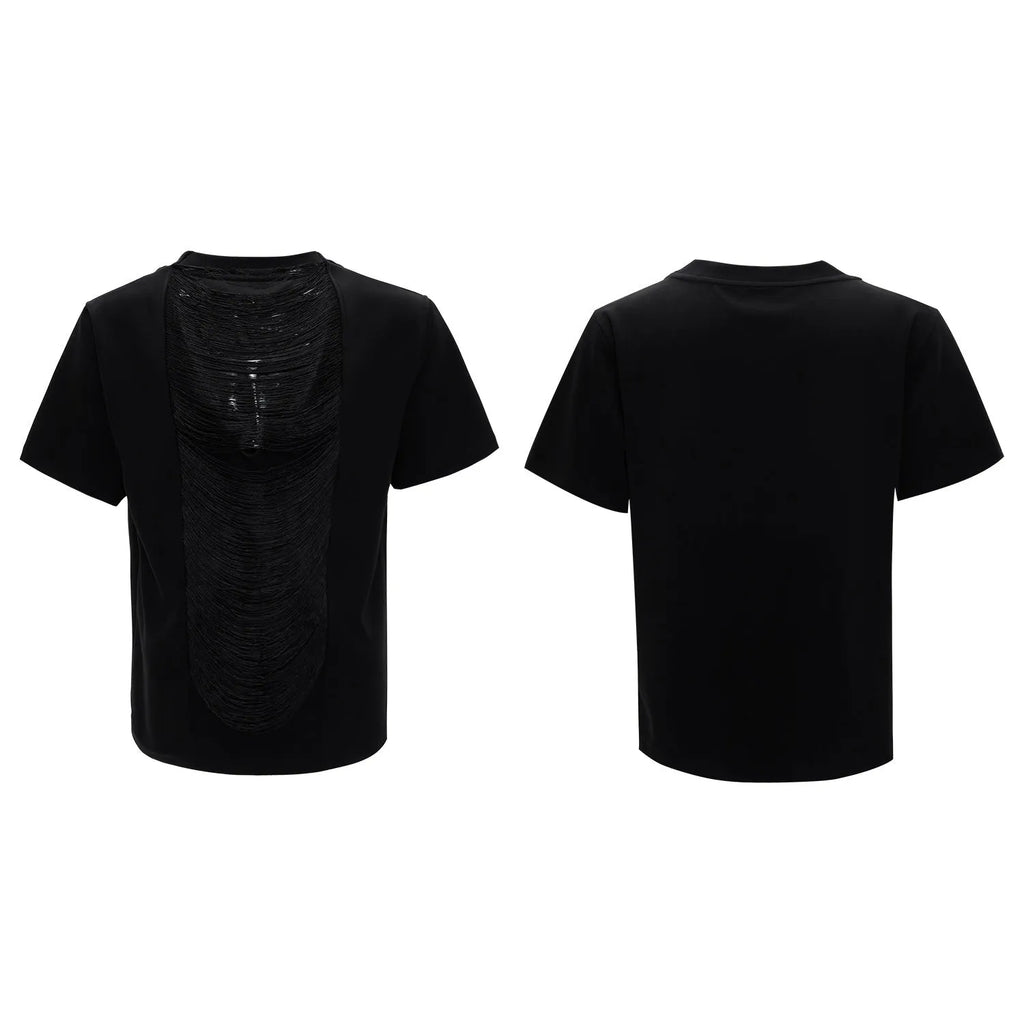 Men's black hollow out V-neck short sleeve loose fit polyester t-shirt on a hanger.