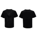 Men's black hollow out V-neck short sleeve loose fit polyester t-shirt on a hanger.