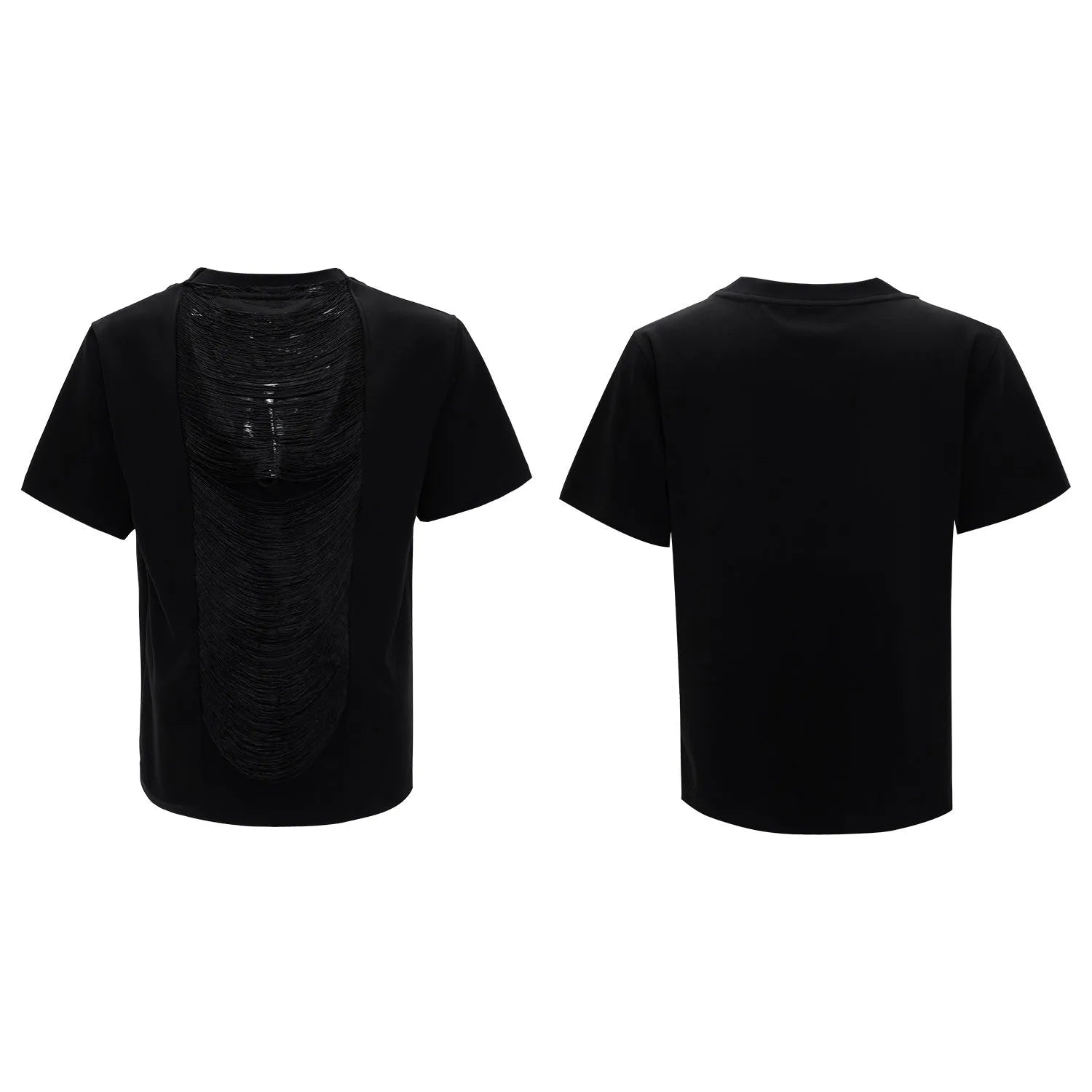 Men's black hollow out V-neck short sleeve loose fit polyester t-shirt on a hanger.