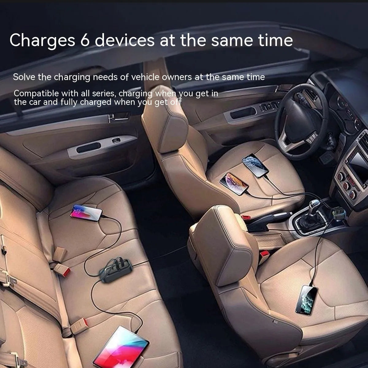 Black universal car charger with four USB ports plugged into a vehicle cigarette lighter socket.