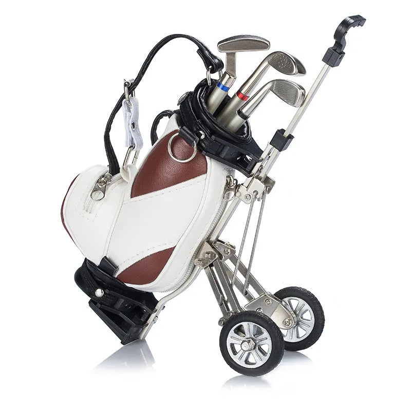 Golf bag pen holder decorations in carved PU leather and alloy, available in blue, green, red, and white