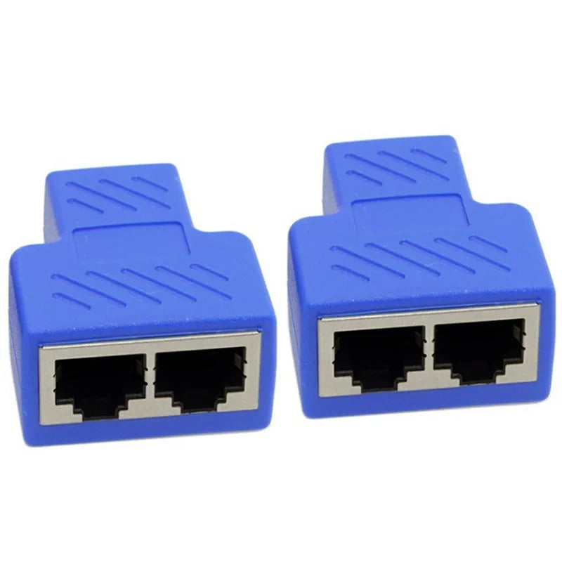 RJ45 network tee splitter adapter in multiple colours, showing one input and two output ports.