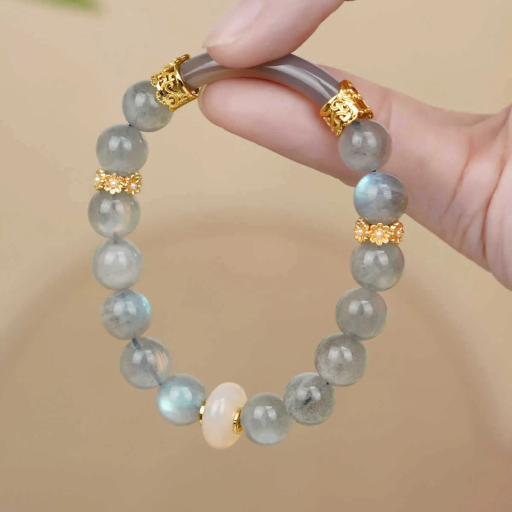Grey moonstone bracelet for women with 8mm round beads in half-bracelet design
