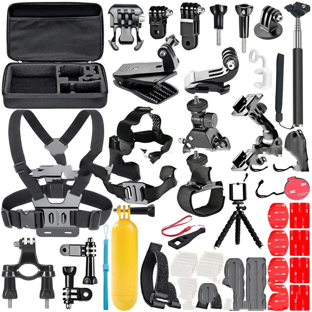 Black GoPro accessories set showing chest strap, helmet mount and tripod compatible with Hero cameras