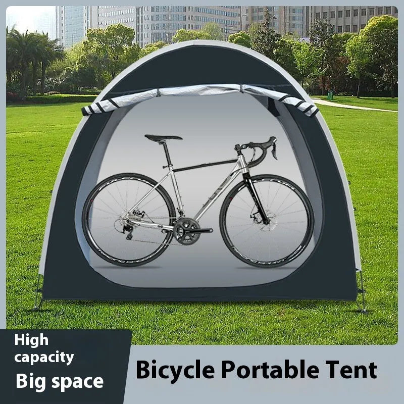 Black outdoor bicycle storage tent showing roof design for 2-3 bike weather protection