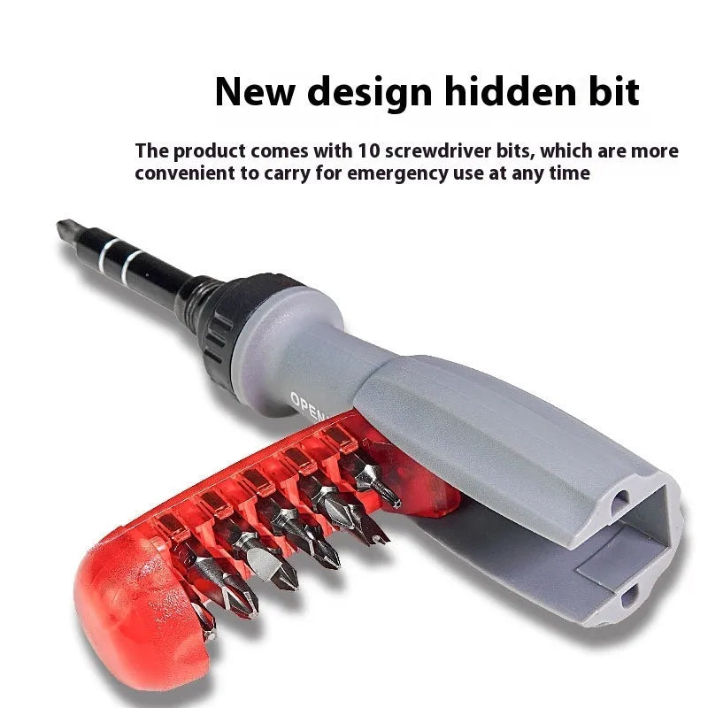 Ratchet screwdriver with two-way retractable chrome vanadium steel bits, ABS handle, and magnetic tip on white background