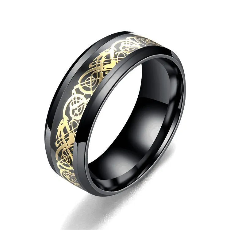 Dragon pattern stainless steel ring in silver, black, gold, blue, or red finish, unisex, sizes 6 to 13