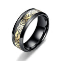 Dragon pattern stainless steel ring in silver, black, gold, blue, or red finish, unisex, sizes 6 to 13
