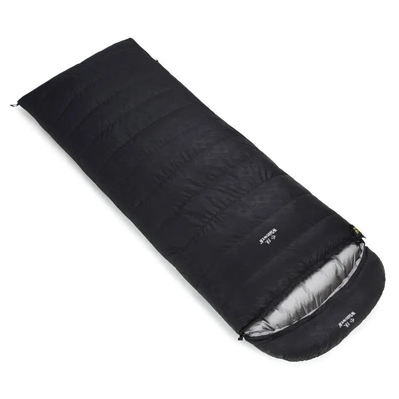 Black outdoor down sleeping bag with envelope structure, shown with a choice of filler weight options.