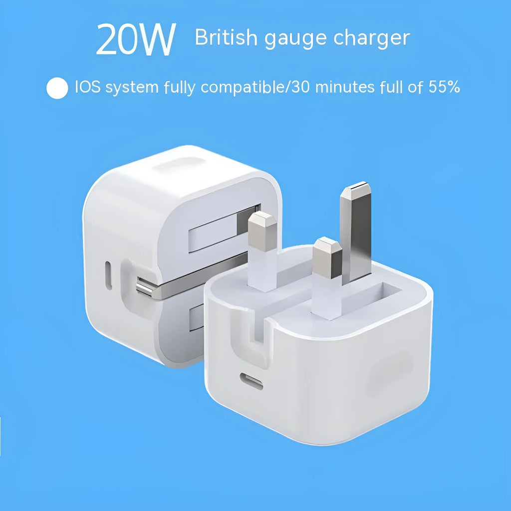 White 20W PD fast charger with UK three-pin plug and Type-C charging cable