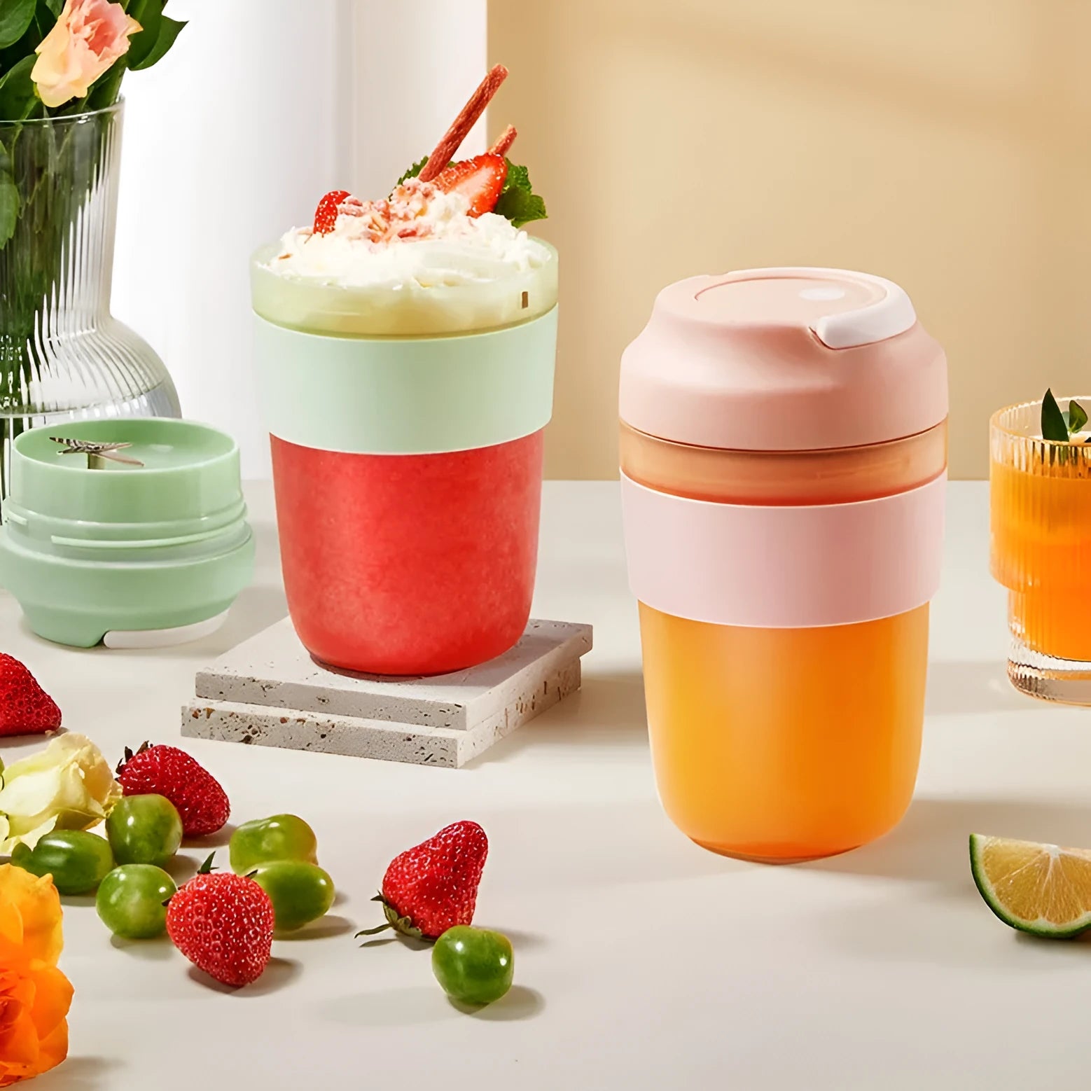 Grape purple portable USB blender cup with lid, showing stainless steel blades inside 400ml capacity bottle.