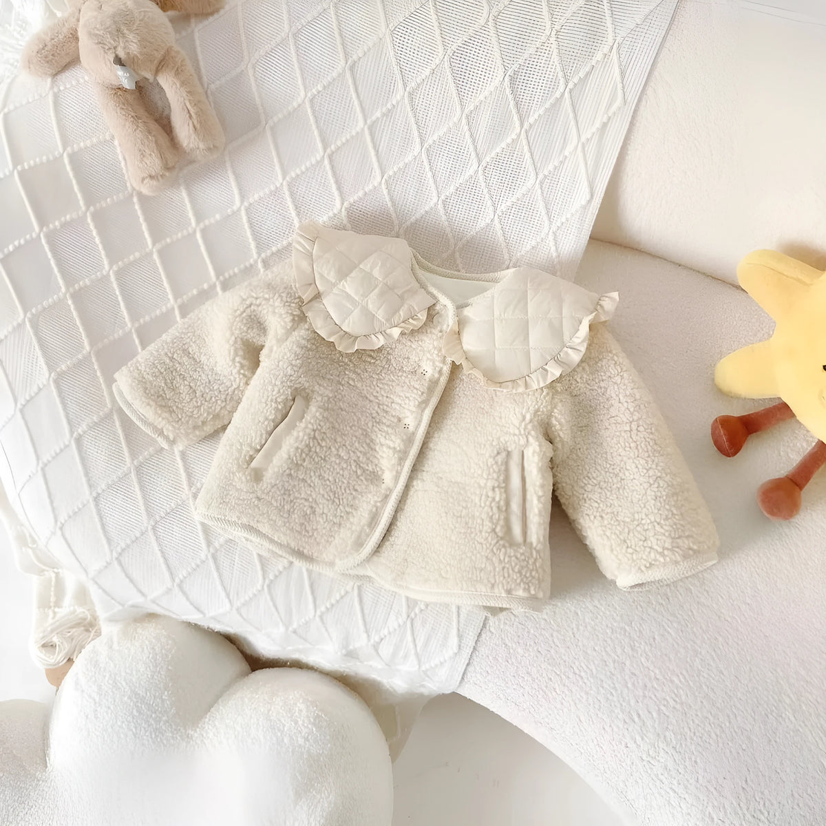 Children's fleece-lined lapel jacket in milky white, single-breasted, thickened, 80-130cm