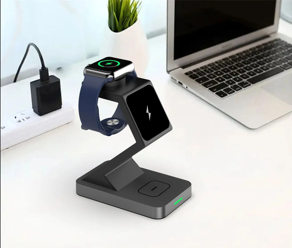 Three in one magnetic wireless charger phone holder with Type-C interface, shown in black or white, X3 suit model