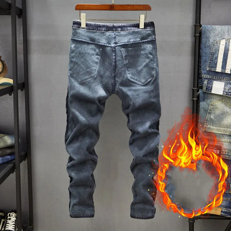 Men's slim-fit blue jeans with a mid-waist, shown in dark blue and light blue colour options.